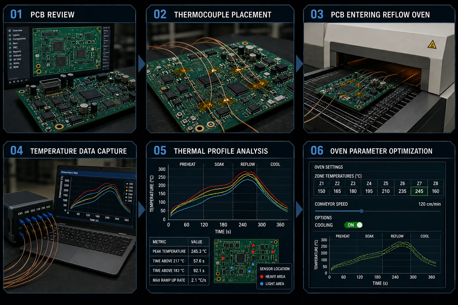 Reflow thermal profile development using thermocouples and PCB temperature measurements