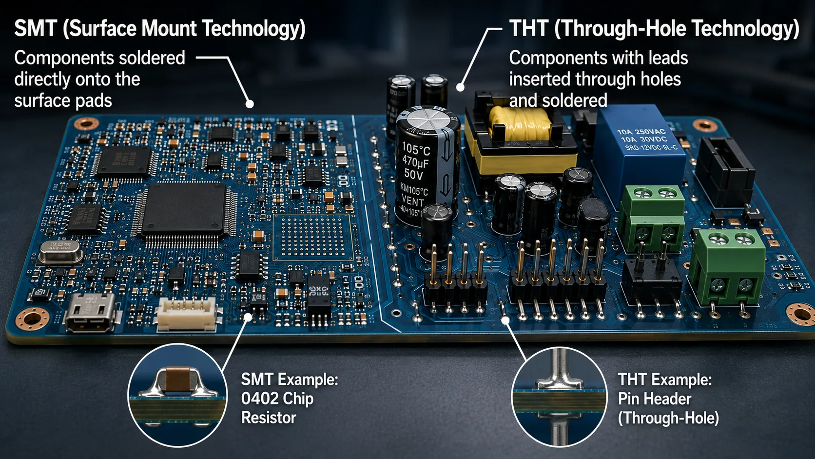 SMT and through-hole PCB assembly showing surface-mount and leaded electronic components on a professional circuit board