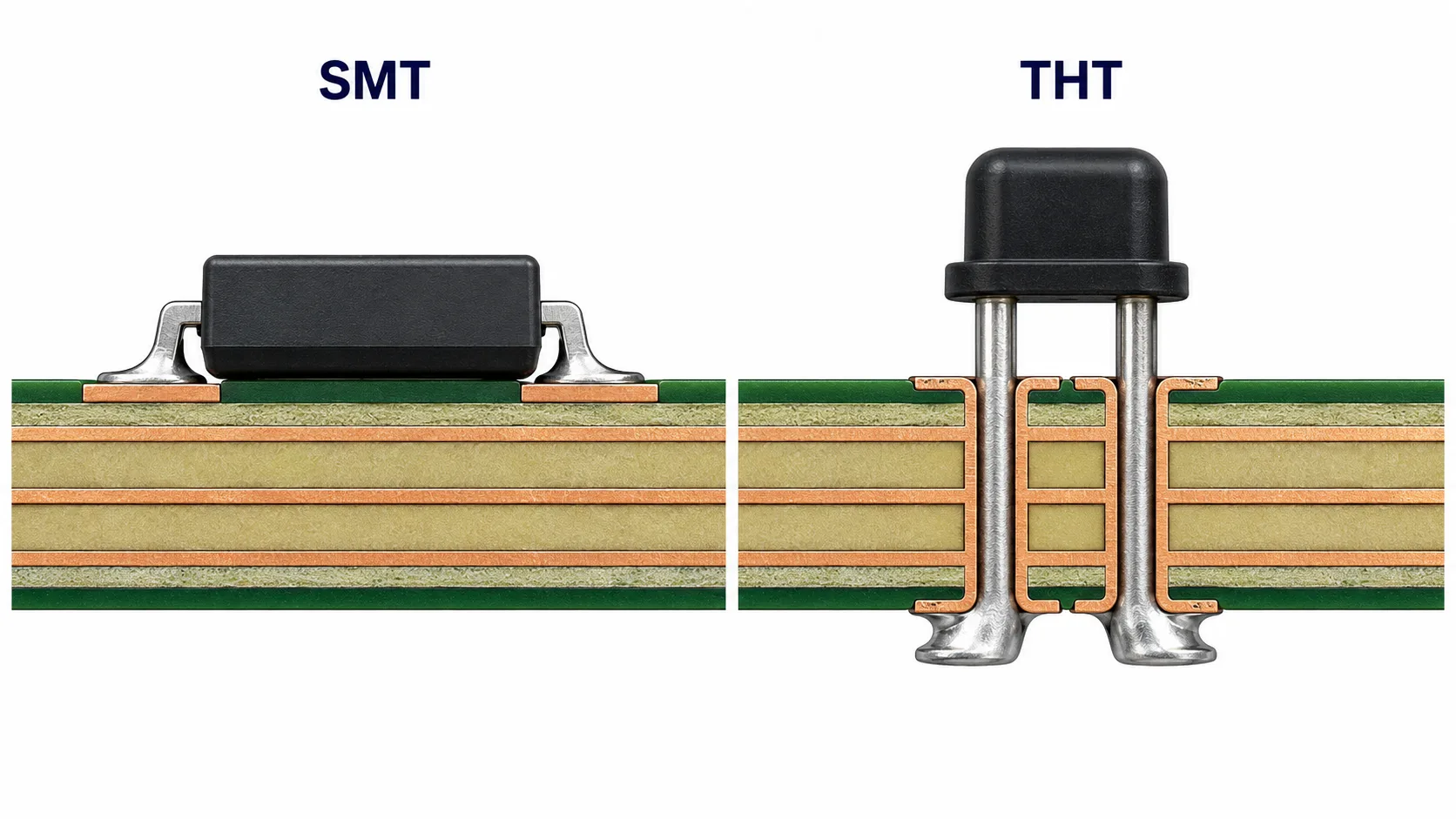 SMT VS THT CROSS-SECTIONSMT components are soldered directly to PCB surface pads, while THT components use leads that pass through drilled and plated PCB holes.