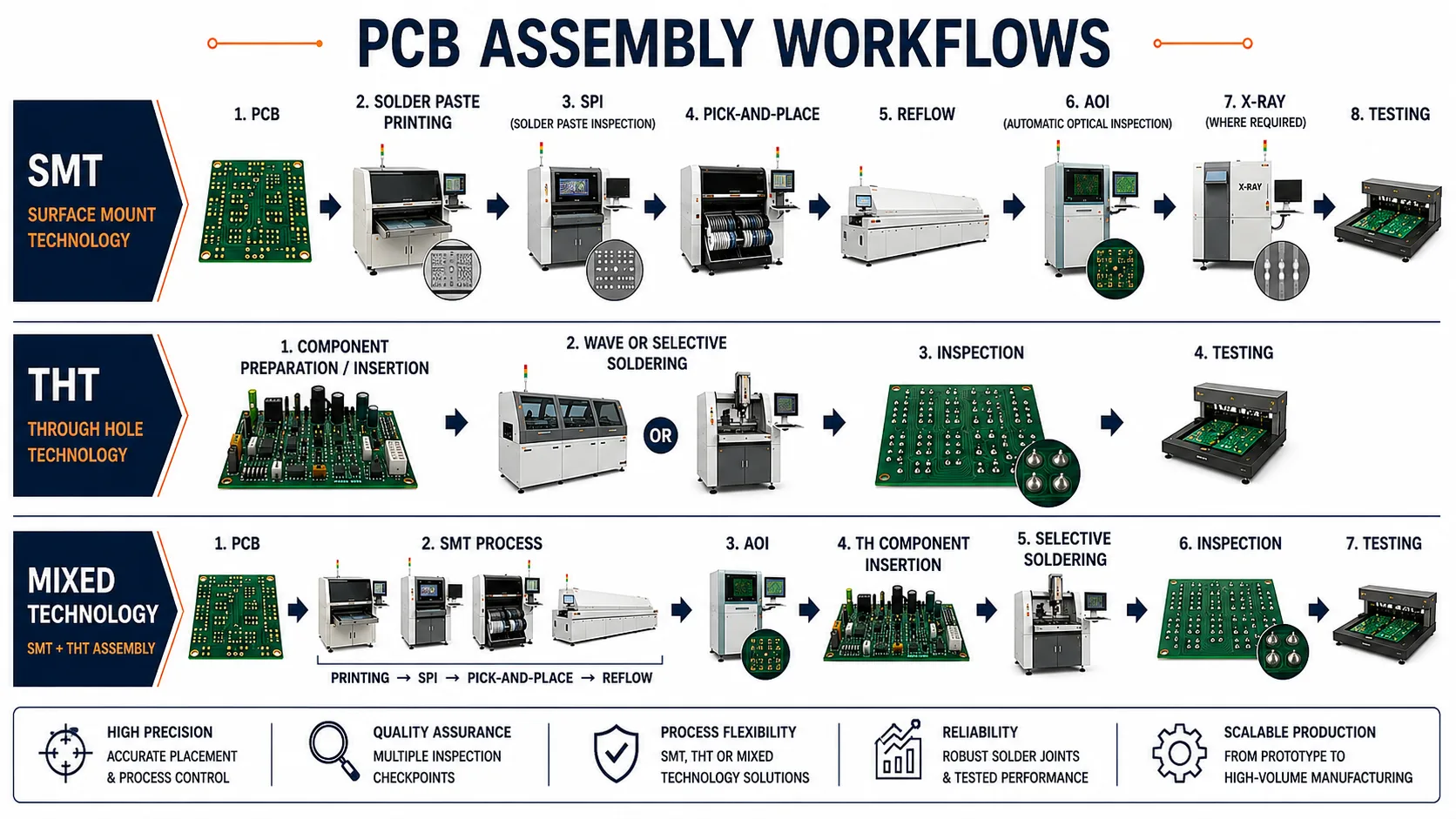SMT AND THT PRODUCTION FLOWSMT and THT use different process flows, while mixed-technology assemblies combine both according to component and product requirements.